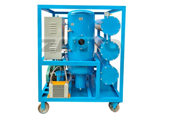 Front view of a waste lubricating oil recycling treatment machine for oil filtration, dehydration, and reuse.