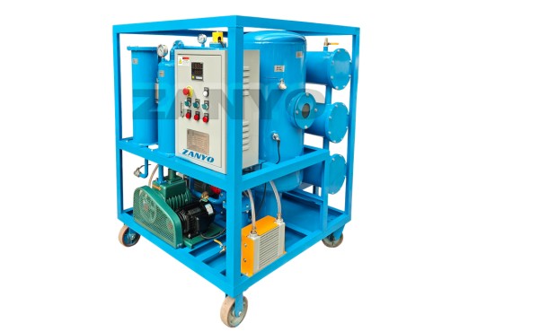 Alt Text: Side view of a waste lubricating oil purifier with control panel, vacuum pump, and filtration system for oil reuse.